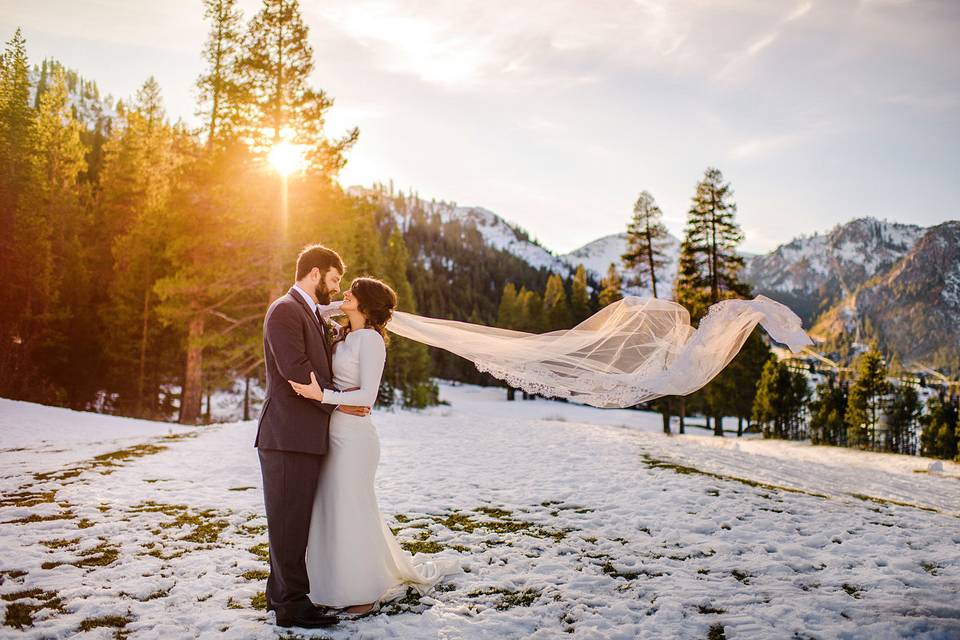 winter wedding at Squaw Valley Resort in the snow. Get married there with a hotel and various wedding options.