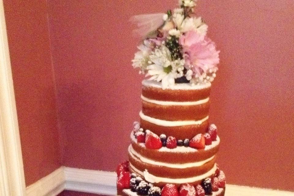 3 tier naked cake surrounded by fruit