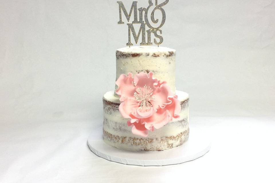 2 tier nashville wedding cake with Mr & Mrs cake topper and pink gumpase peony