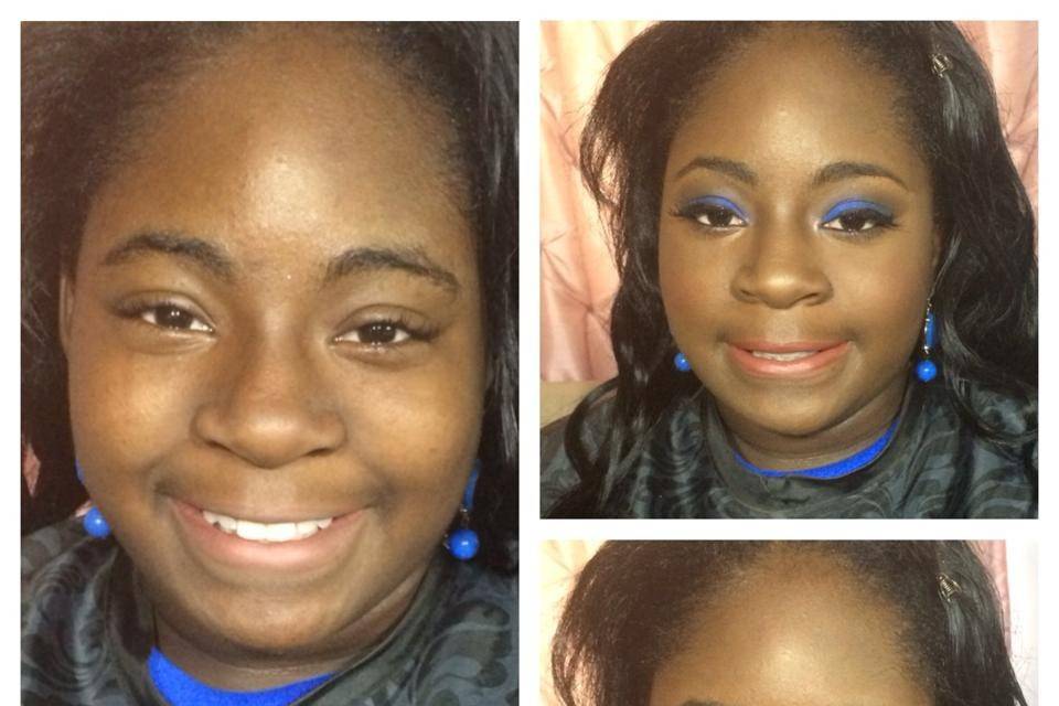 Before and after with blue eyeshadow