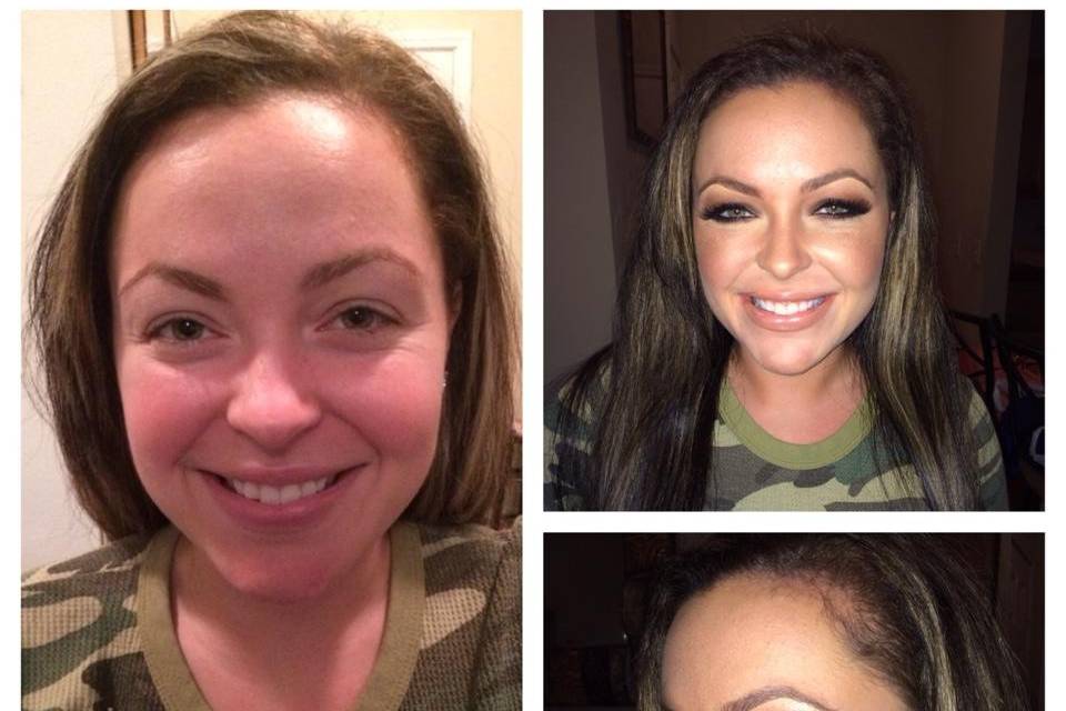 Before and after with dramatic eye makeup
