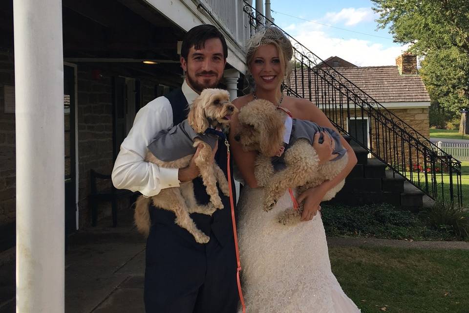 The newlyweds with their dogs