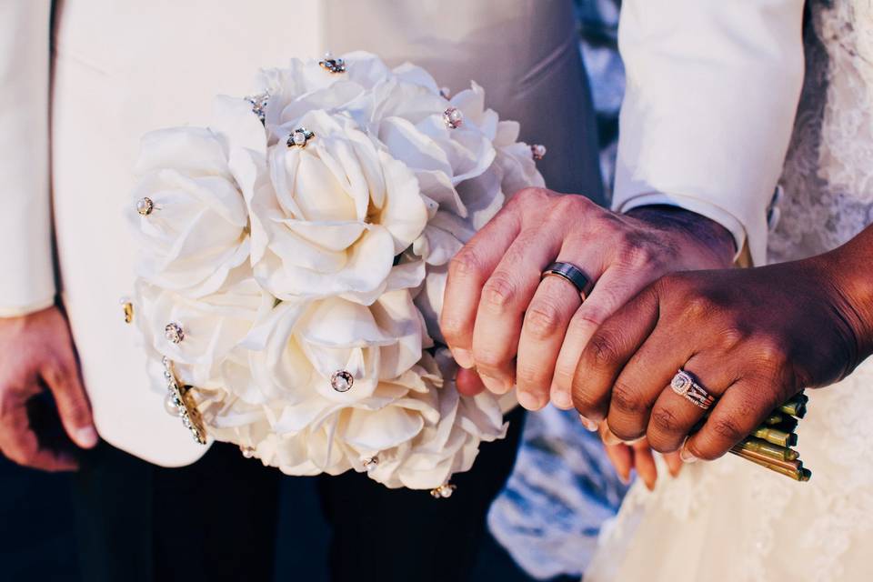 Wedding ring and bouquet
