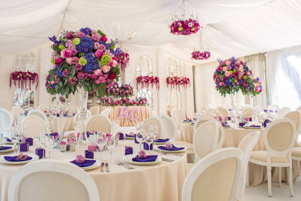 Pink and purple centerpieces
