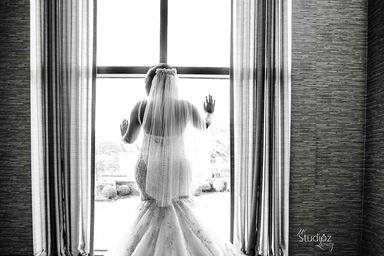 Wedding dress in black and white photo