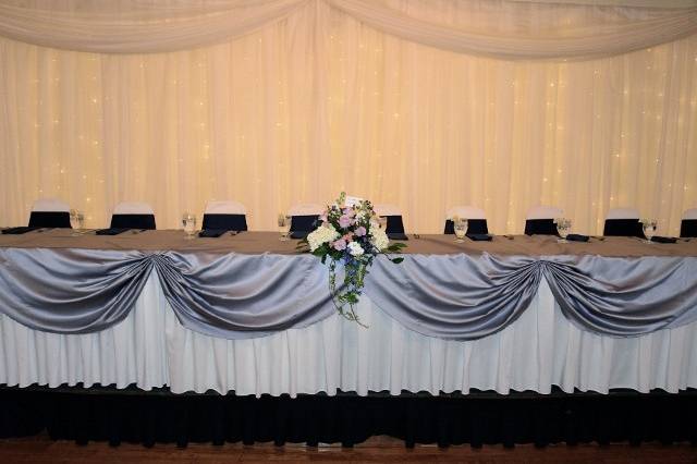 Another new addition......Hundreds of twinkle lights add a soft, warm, glow behind your head table. This upgrade will really bring your wedding to the next level.
Photo courtesy of Rachel Napear Photography.