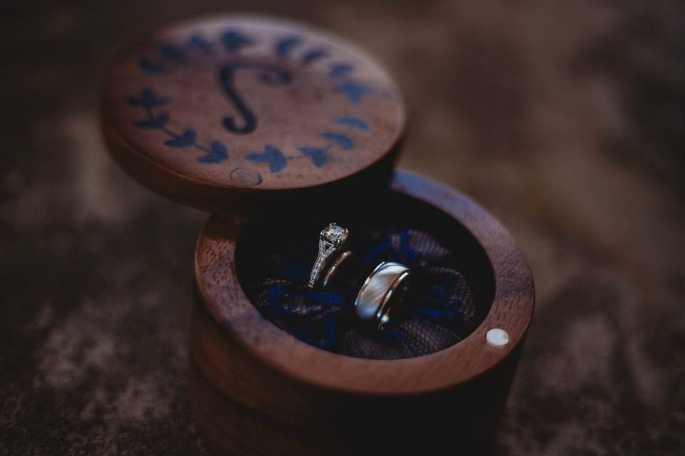Closeup of rings in custom box