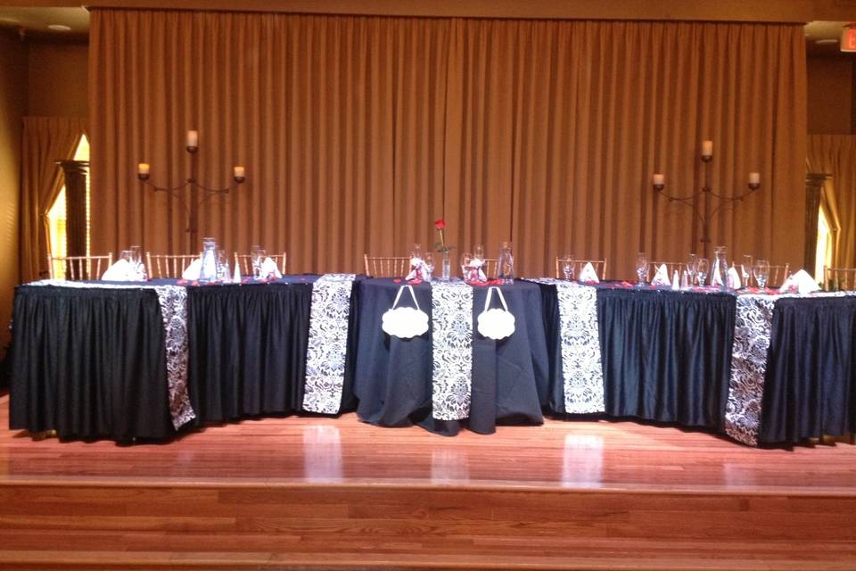 Bridal party tables on stage.