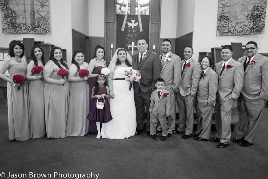 Formal Bridal Party Portrait with Black and White with Color Splash Editing Style Selective Colors Red and Purple.